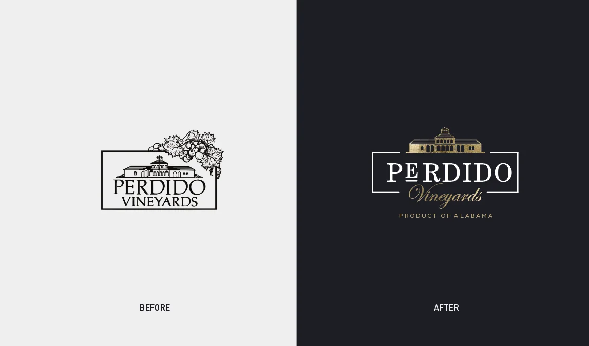 Comparación BEFORE / AFTER del logotipo Perdido Vineyards — versión antigua con racimo de uvas vs. nueva versión patrimonial en dorado sobre negro