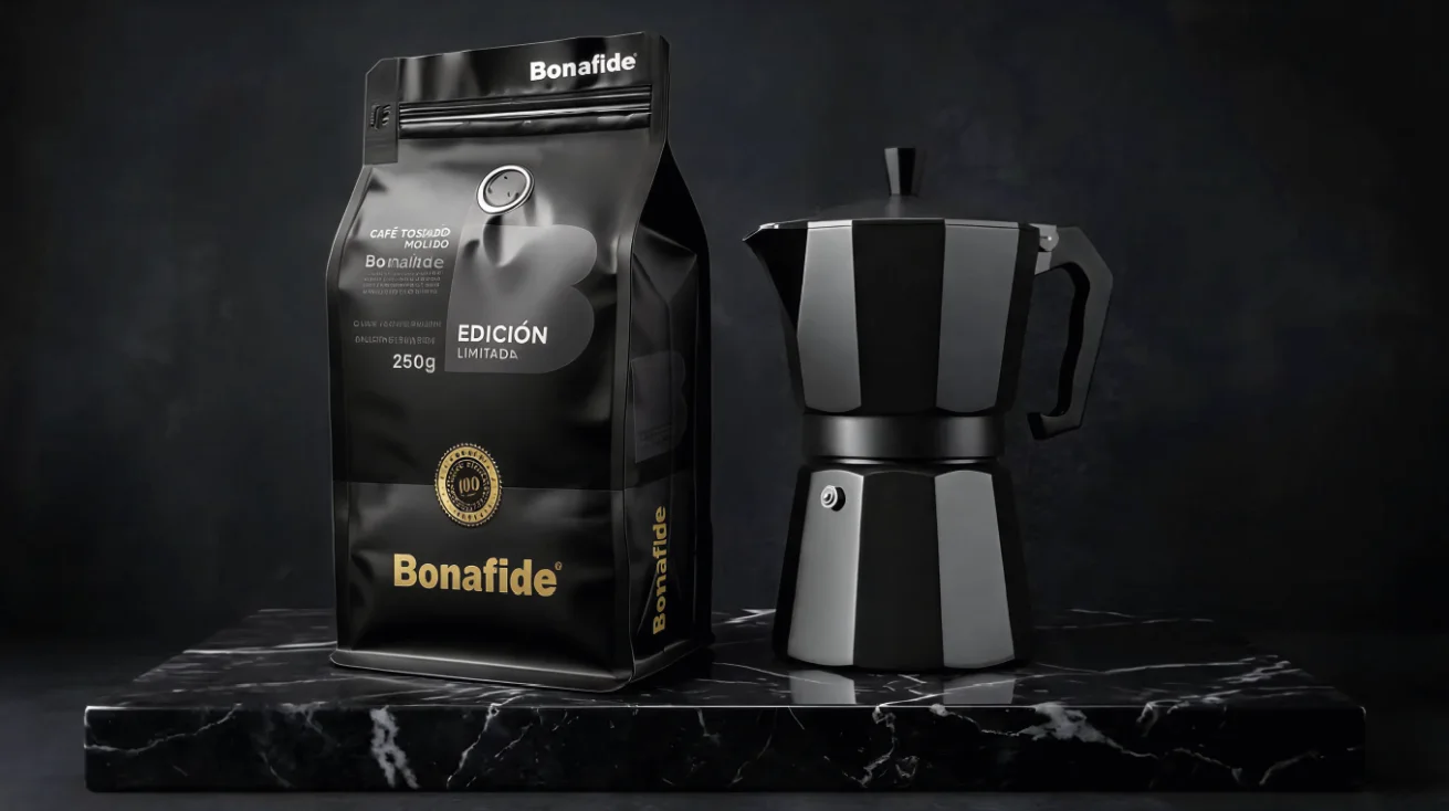 Packaging de café Bonafide junto a una cafetera moka
