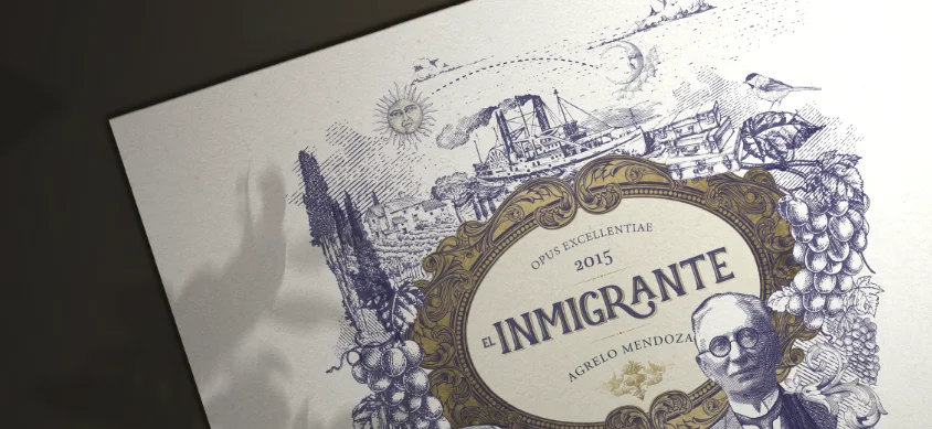 Detalle del label ilustrado de El Inmigrante — Bodega Gabrielli