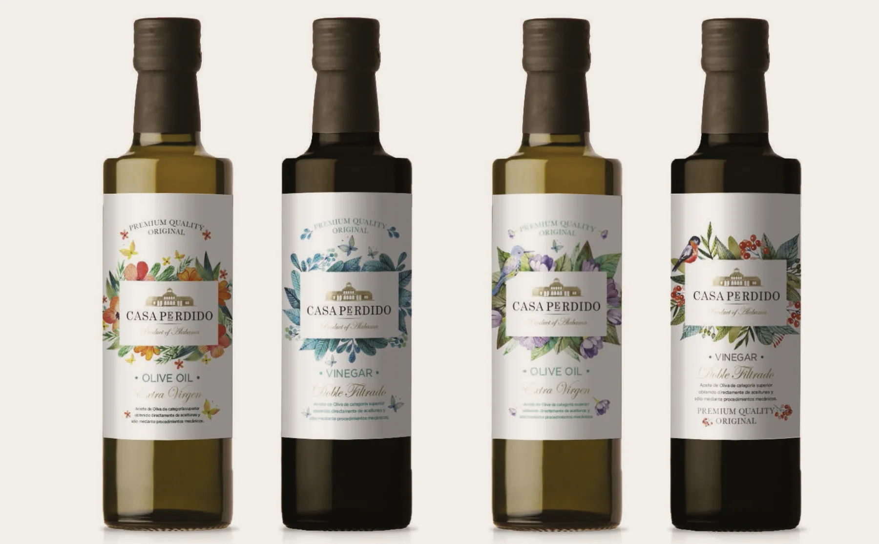 Rediseño de la línea premium Casa Perdido — botellas de Olive Oil y Vinegar con etiquetas ilustradas en acuarela botánica