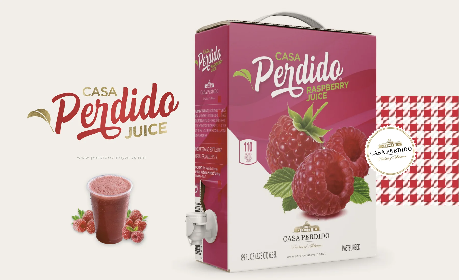 Casa Perdido Juice Raspberry — envase bag-in-box, logo manuscrito y vaso servido