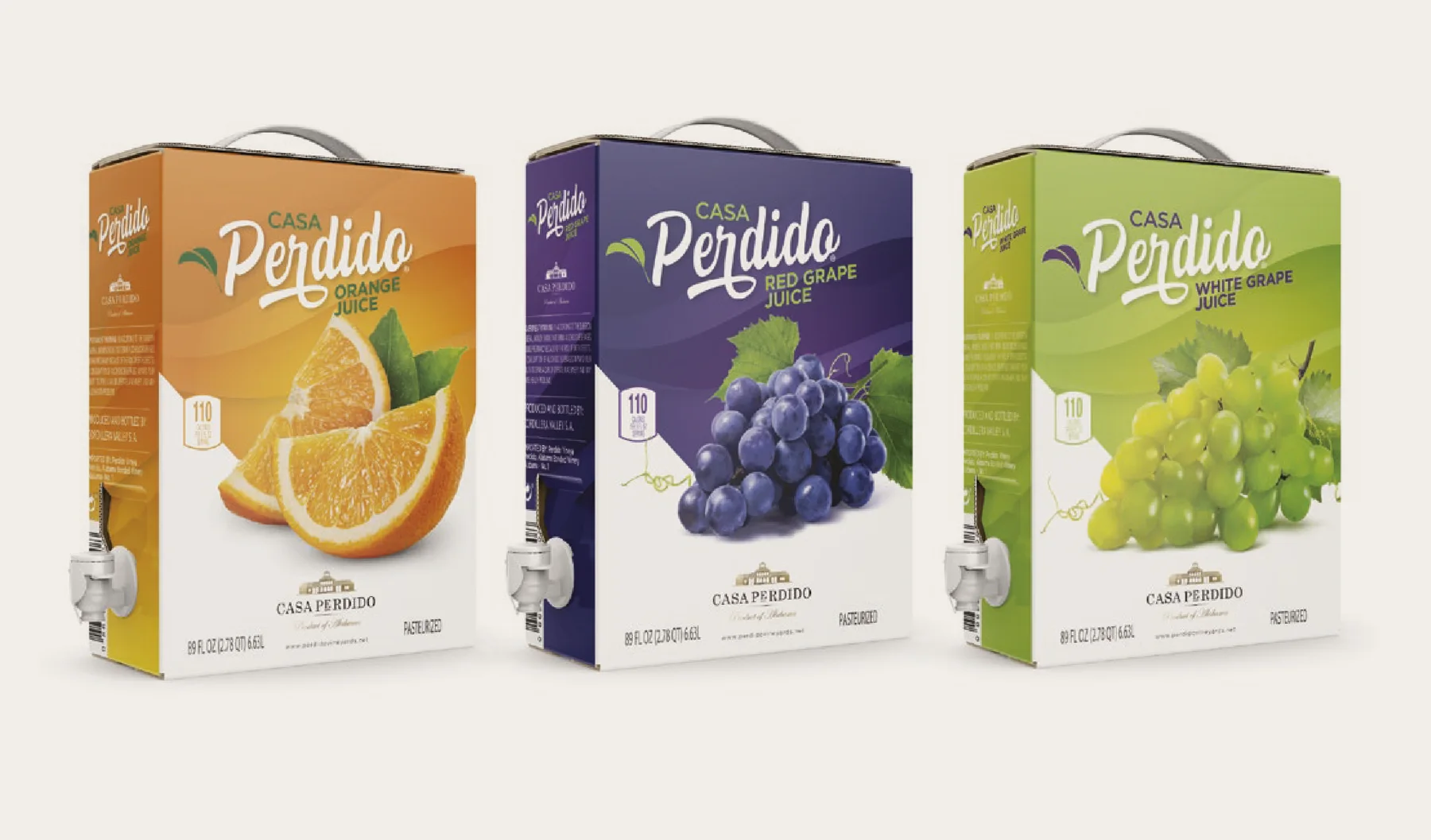 Línea completa Casa Perdido Juice — Orange, Red Grape y White Grape Juice en envases bag-in-box