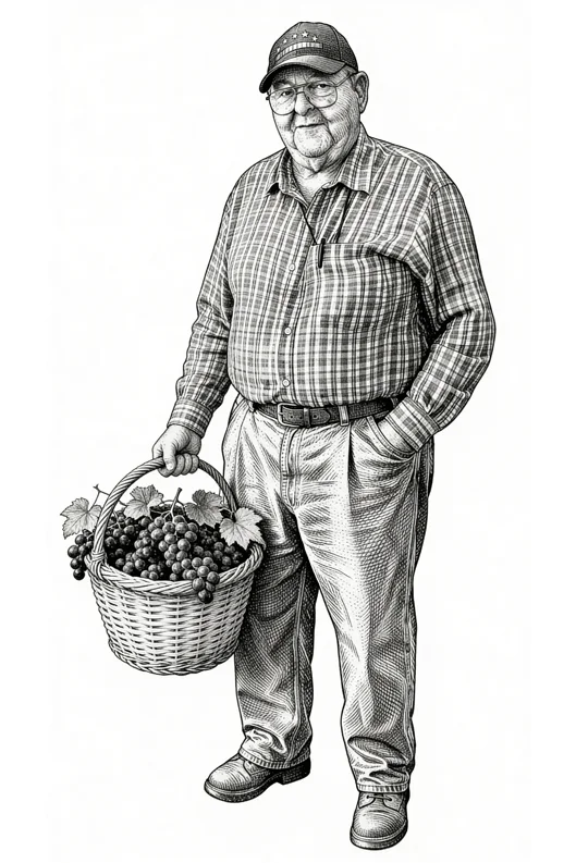 Ilustración a línea de Jim Eddins sosteniendo una canasta de uvas — grabado clásico