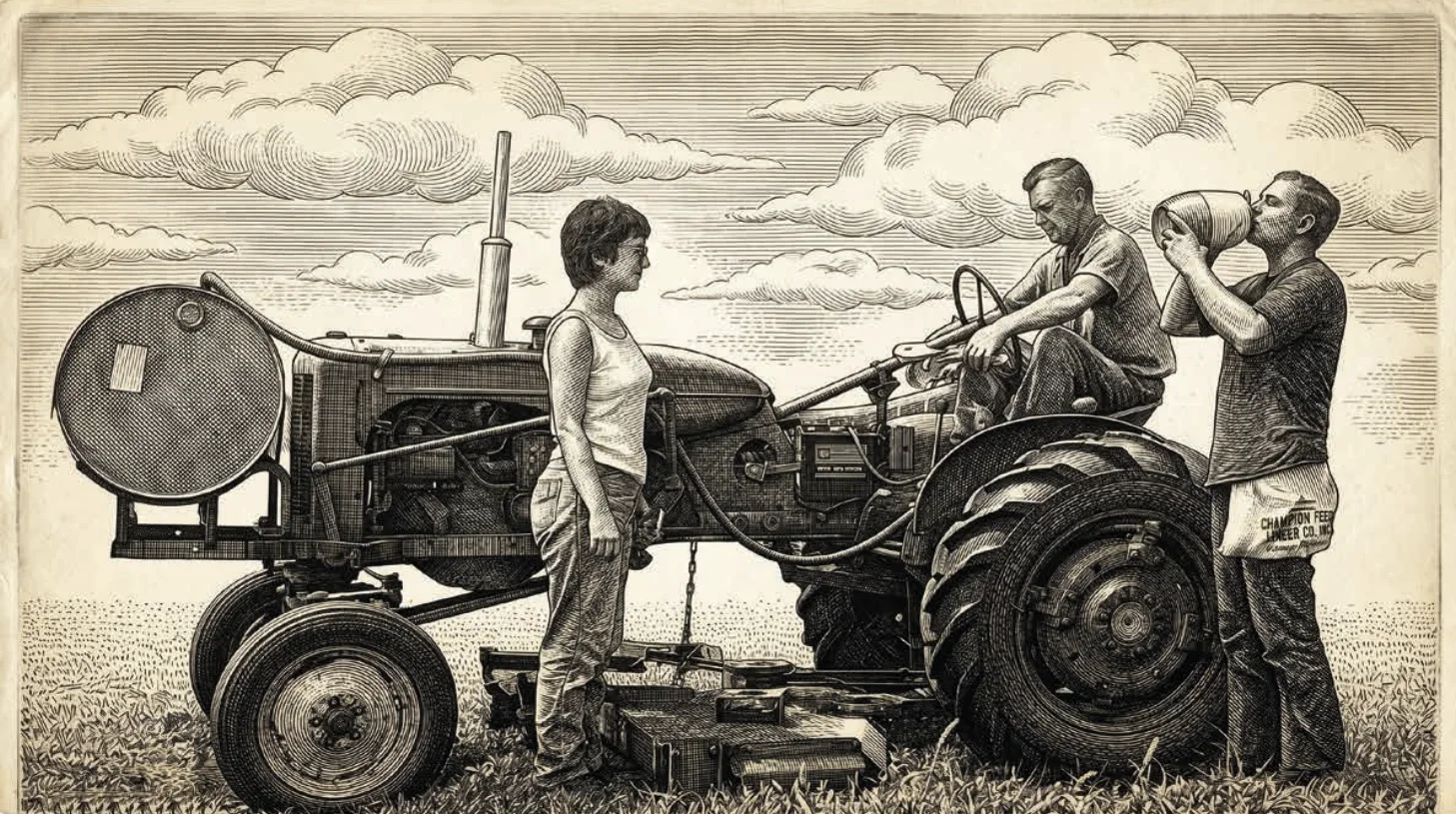 Ilustración a línea de tres trabajadores del viñedo descansando junto a un tractor — escena de campo