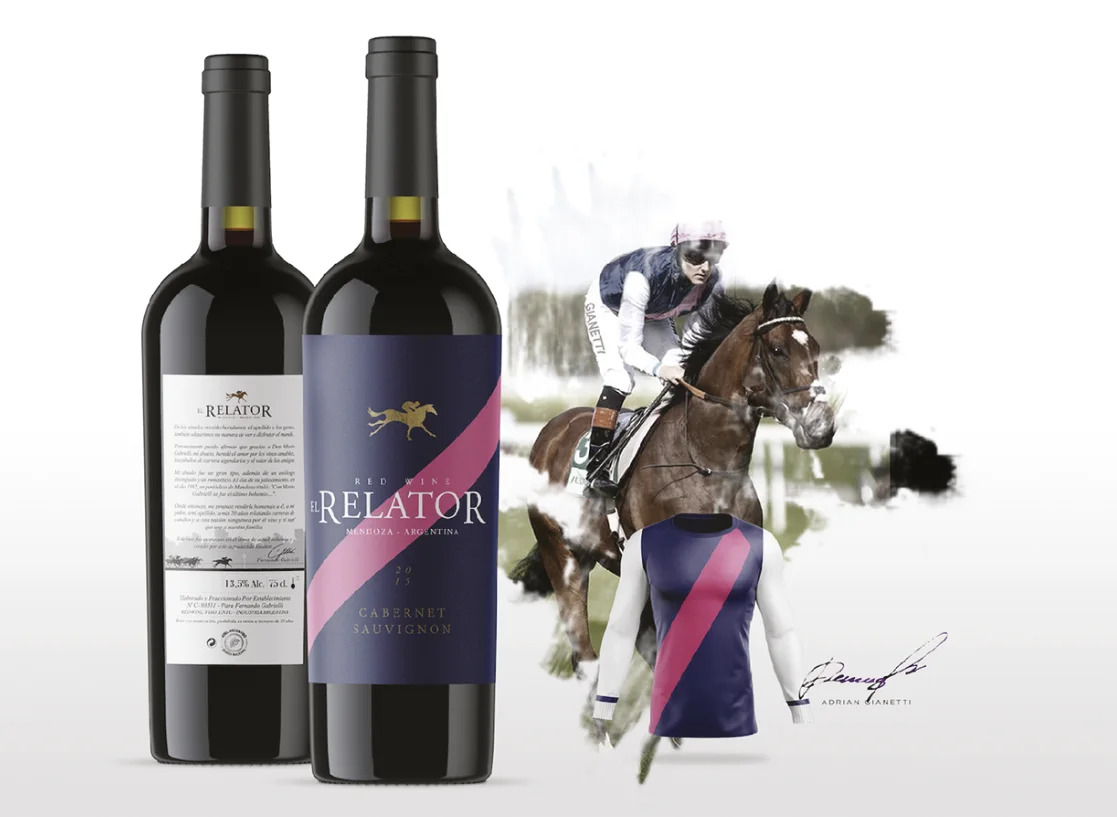 El Relator — botellas de etiqueta oscura con ilustración de jockey